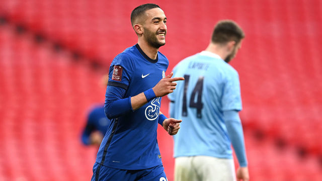 LONDON, ENGLAND - APRIL 17: Hakim Ziyech of Chelsea celebrates after scoring his team's first goal during the Semi Final of the Emirates FA Cup match between Manchester City and Chelsea FC at Wembley Stadium on April 17, 2021 in London, England. Sporting stadiums around the UK remain under strict restrictions due to the Coronavirus Pandemic as Government social distancing laws prohibit fans inside venues resulting in games being played behind closed doors.