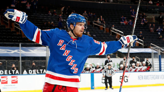 NEW YORK, NY - APRIL 17: Pavel Buchnevich #89 of the New York Rangers celebrates after scoring a goal in the first period against the New Jersey Devils at Madison Square Garden on April 17, 2021 in New York City.
