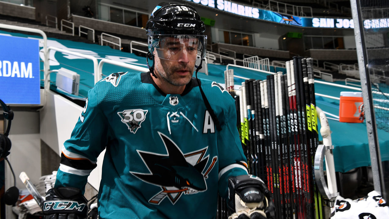 SAN JOSE, CA - APRIL 12: Patrick Marleau #12 of the San Jose Sharks takes the ice for warmups against the Anaheim Ducks at SAP Center on April 12, 2021 in San Jose, California.