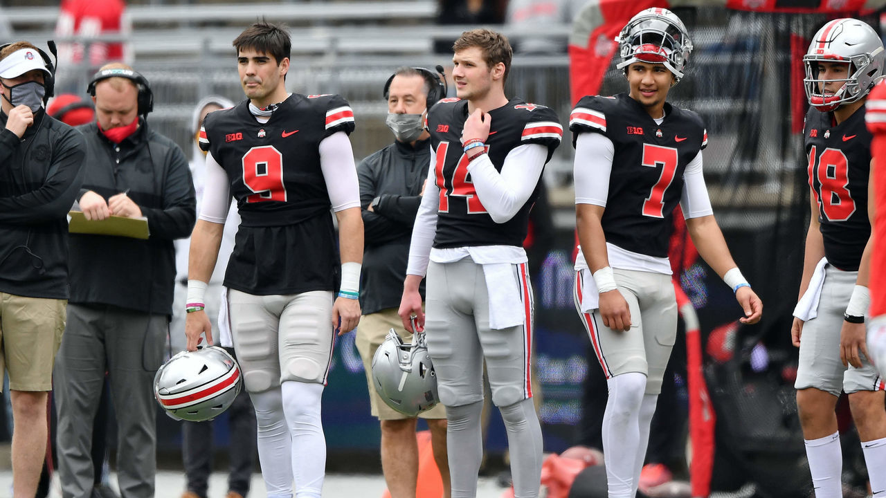 COLUMBUS, OH - APRIL 17: Quarterbacks Jack Miller III #9, Kyle McCord #14 and C.J. Stroud #7, all of the Ohio State Buckeyes watch their teammate during the Spring Game at Ohio Stadium on April 17, 2021 in Columbus, Ohio.