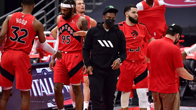 TAMPA, FLORIDA - APRIL 16: Kyle Lowry #7 (black shirt) of the Toronto Raptors looks on during the first quarter against the Orlando Magic at Amalie Arena on April 16, 2021 in Tampa, Florida.