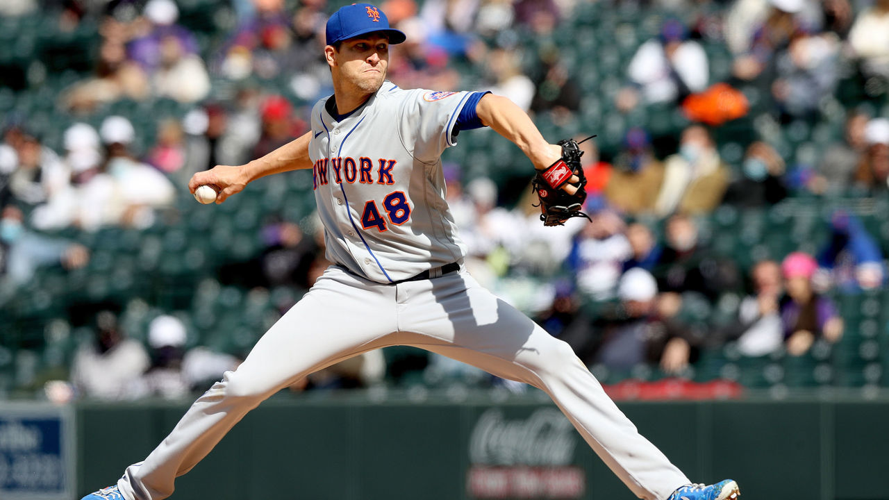 DENVER, COLORADO - APRIL 17: Starting pitcher Jacob deGrom #48 of the New York Mets throws against the Colorado Rockies during the first inning of game one of a double header at Coors Field on April 17, 2021 in Denver, Colorado.