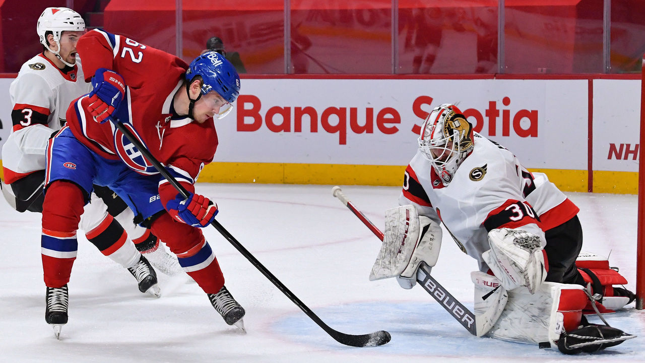 MONTREAL, QC - APRIL 17: Goaltender Matt Murray #30 of the Ottawa Senators makes a save on a shot by Artturi Lehkonen #62 of the Montreal Canadiens in the NHL game at the Bell Centre on April 17, 2021 in Montreal, Quebec, Canada.
