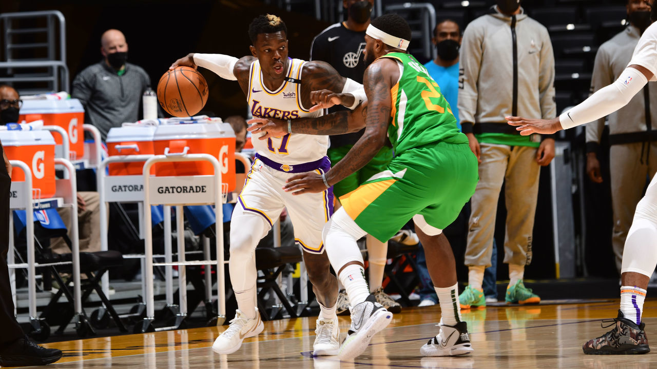 LOS ANGELES, CA - APRIL 17: Dennis Schroder #17 of the Los Angeles Lakers drives to the basket against the Utah Jazz on April 17, 2021 at STAPLES Center in Los Angeles, California. NOTE TO USER: User expressly acknowledges and agrees that, by downloading and/or using this Photograph, user is consenting to the terms and conditions of the Getty Images License Agreement. Mandatory Copyright Notice: Copyright 2021 NBAE