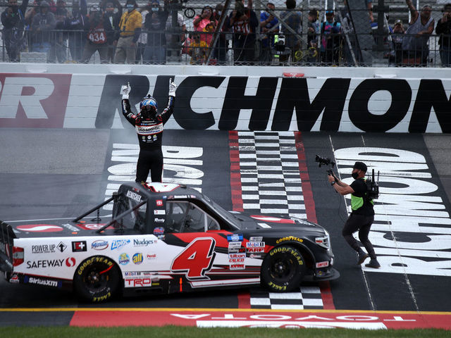 RICHMOND, VIRGINIA - APRIL 17: John Hunter Nemechek, driver of the #4 Safeway Toyota, celebrates after winning the NASCAR Camping World Truck Series ToyotaCare 250 at Richmond Raceway on April 17, 2021 in Richmond, Virginia.