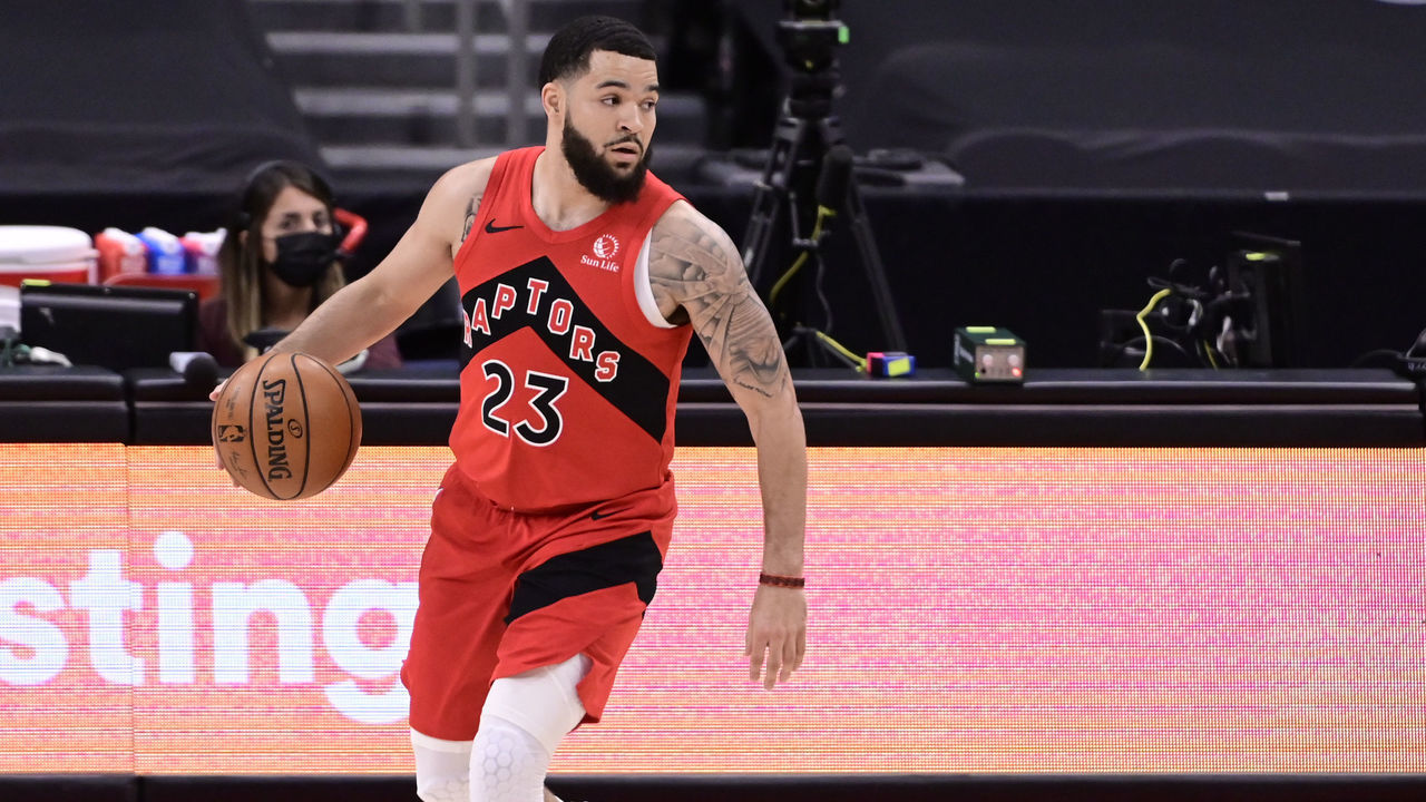 TAMPA, FLORIDA - APRIL 16: Fred VanVleet #23 of the Toronto Raptors dribbles the ball during the first quarter against the Orlando Magic at Amalie Arena on April 16, 2021 in Tampa, Florida.