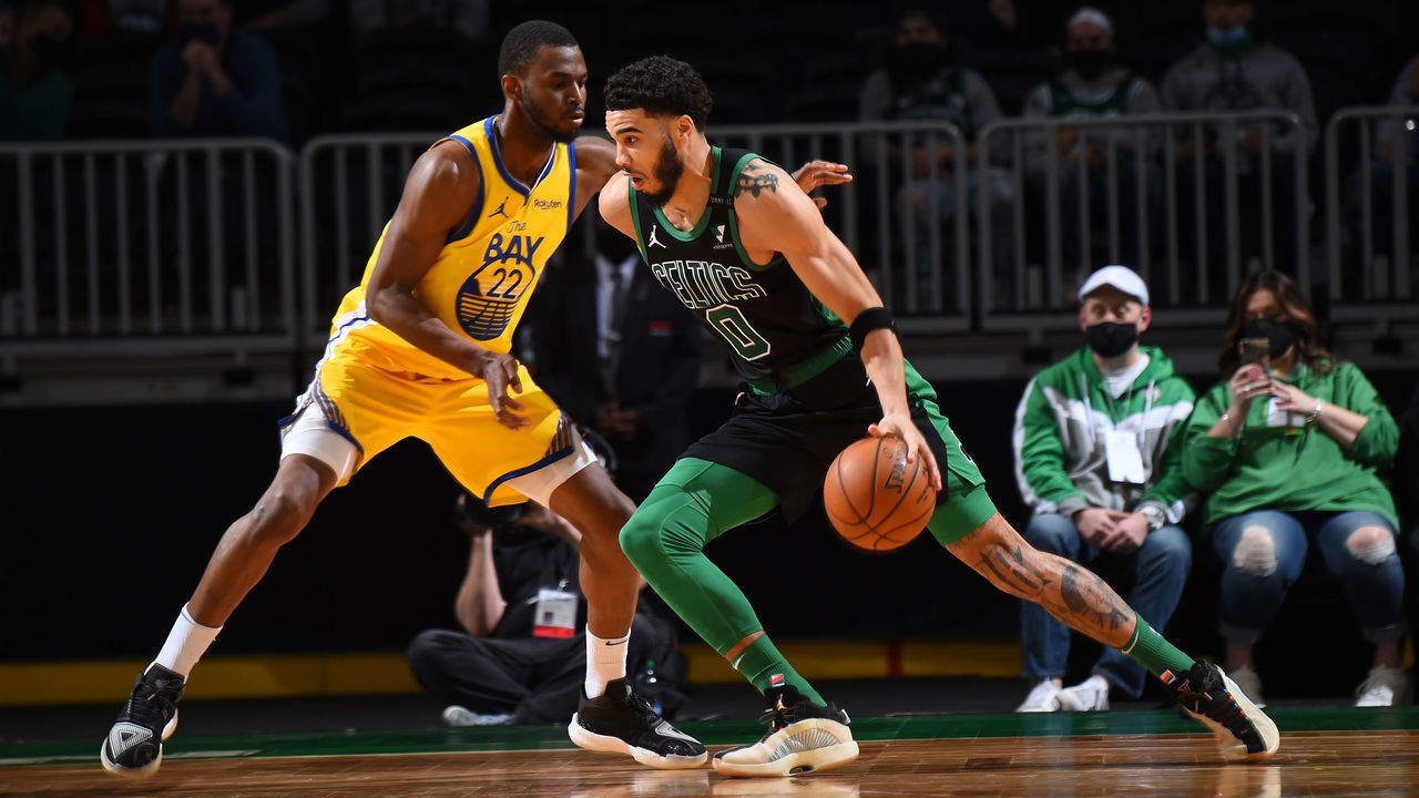 BOSTON, MA - APRIL 17: Jayson Tatum #0 of the Boston Celtics drives to the basket against the Golden State Warriors on April 17, 2021 at the TD Garden in Boston, Massachusetts. Mandatory Copyright Notice: Copyright 2021 NBAE