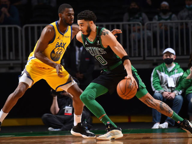 BOSTON, MA - APRIL 17: Jayson Tatum #0 of the Boston Celtics drives to the basket against the Golden State Warriors on April 17, 2021 at the TD Garden in Boston, Massachusetts. Mandatory Copyright Notice: Copyright 2021 NBAE