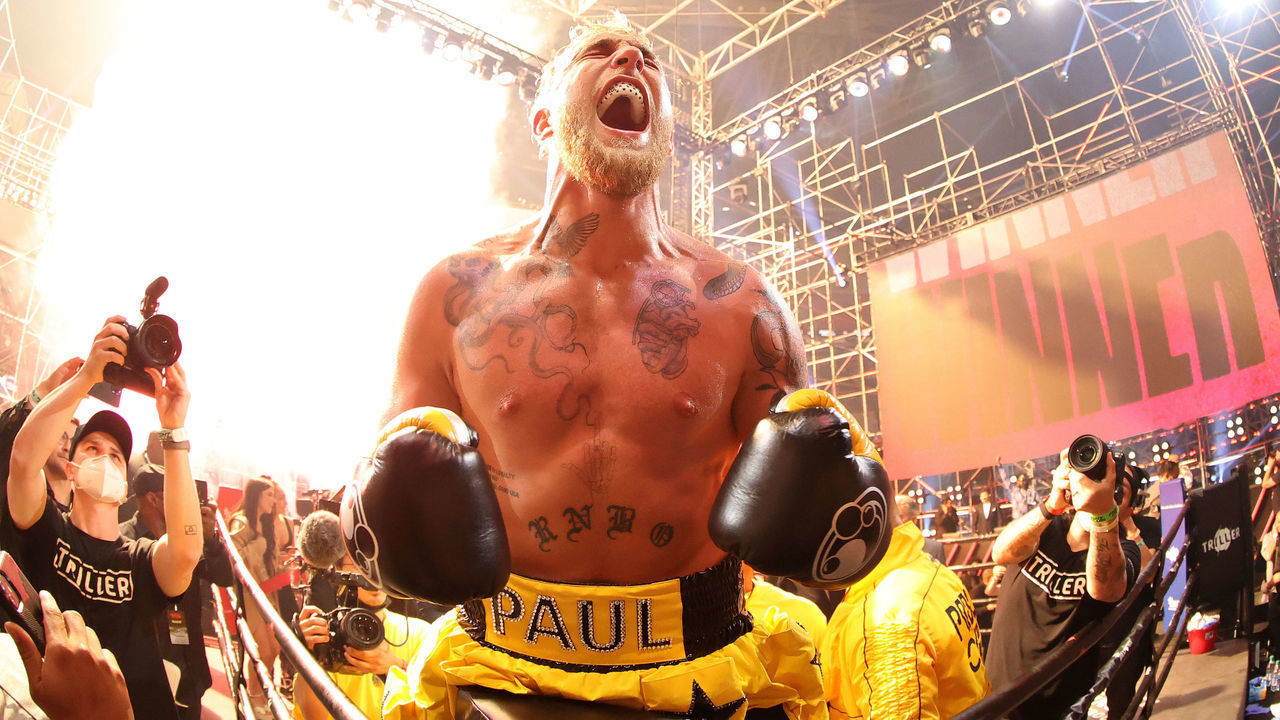 ATLANTA, GEORGIA - APRIL 17: Jake Paul celebrates after defeating Ben Askren in their cruiserweight bout during Triller Fight Club at Mercedes-Benz Stadium on April 17, 2021 in Atlanta, Georgia.