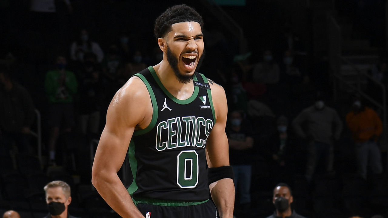 BOSTON, MA - APRIL 17: Jayson Tatum #0 of the Boston Celtics reacts to a play during the game against the Golden State Warriors on April 17, 2021 at the TD Garden in Boston, Massachusetts. Mandatory Copyright Notice: Copyright 2021 NBAE