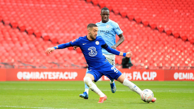 Chelsea's Hakim Ziyech scores their first goal of the game during the FA Cup semi final match at Wembley Stadium, London. Picture date: Saturday April 17, 2021.