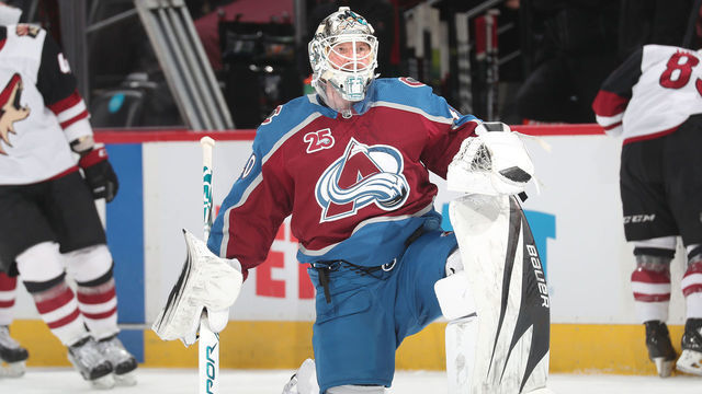 DENVER, COLORADO - APRIL 12: Goaltender Devan Dubnyk #40 of the Colorado Avalanche stretches during warm ups prior to the game against the Arizona Coyotes at Ball Arena on April 12, 2021 in Denver, Colorado.