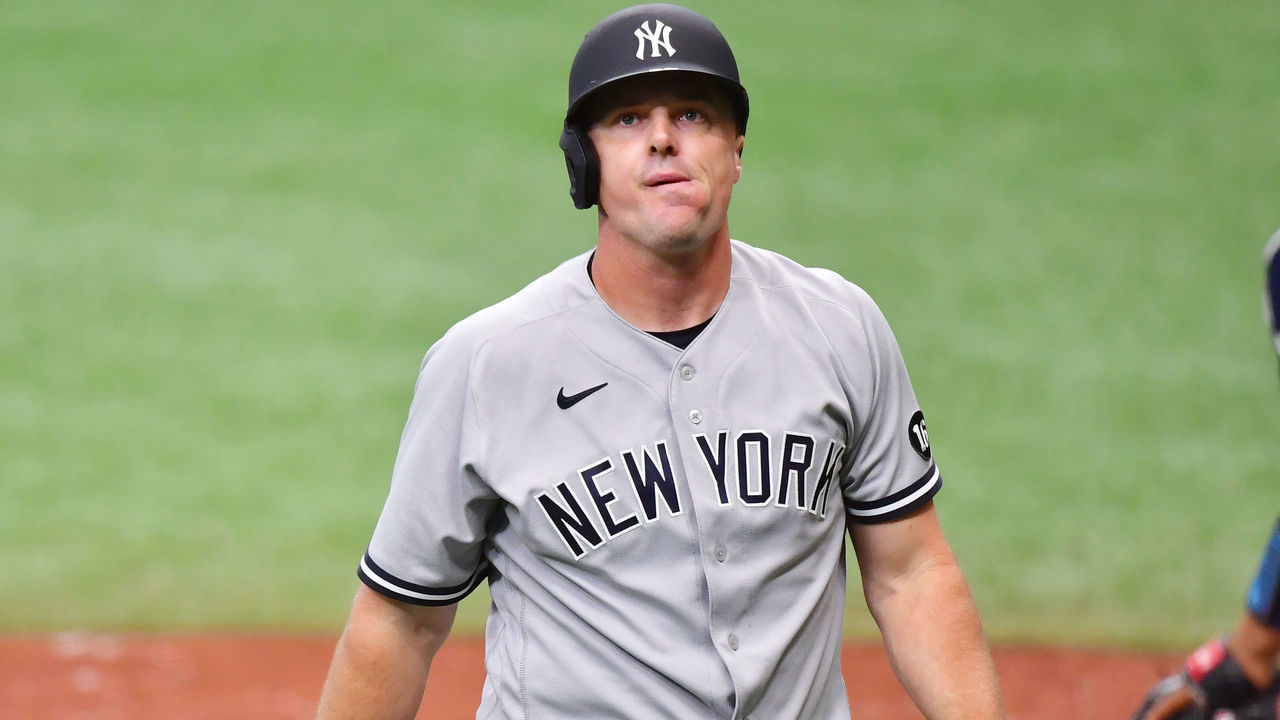 ST PETERSBURG, FLORIDA - APRIL 10: Jay Bruce #30 of the New York Yankees reacts to a strike out in the fifth inning against the Tampa Bay Rays at Tropicana Field on April 10, 2021 in St Petersburg, Florida.