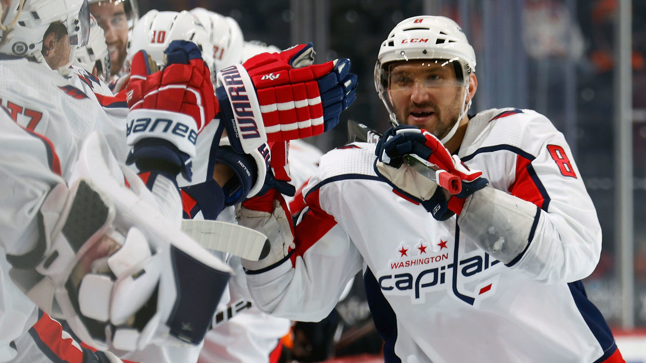 PHILADELPHIA, PA - APRIL 17: Alex Ovechkin #8 of the Washington Capitals gets congratulated by the bench after scoring against the Philadelphia Flyers at the Wells Fargo Center on April 17, 2021 in Philadelphia, Pennsylvania.