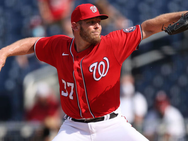 WASHINGTON, DC - APRIL 07: Stephen Strasburg #37 of the Washington Nationals pitches against the Atlanta Braves in game two of a doubleheader at Nationals Park on April 7, 2021 in Washington, DC.