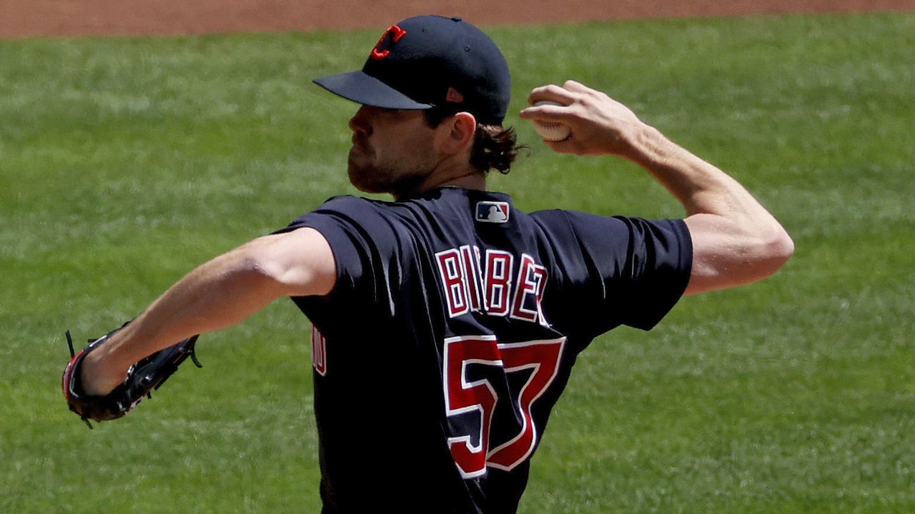 CINCINNATI, OHIO - APRIL 18: Shane Bieber #57 of the Cleveland Indians pitches in the first inning against the Cincinnati Reds at Great American Ball Park on April 18, 2021 in Cincinnati, Ohio.