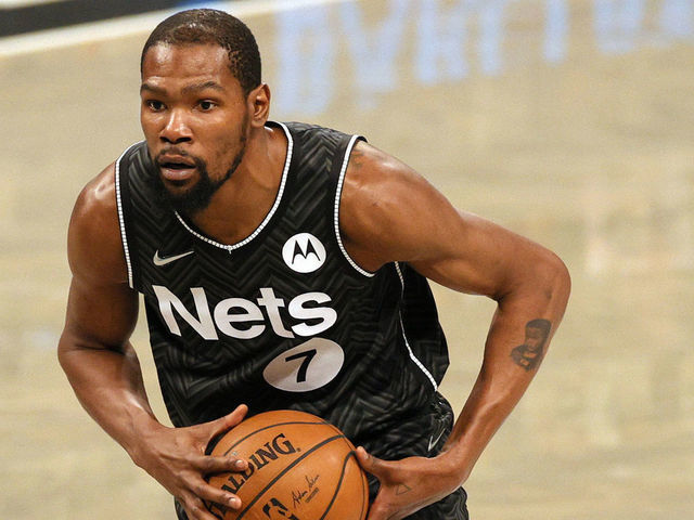 NEW YORK, NEW YORK - APRIL 16: Kevin Durant #7 of the Brooklyn Nets looks to pass during the first half against the Charlotte Hornets at Barclays Center on April 16, 2021 in the Brooklyn borough of New York City.