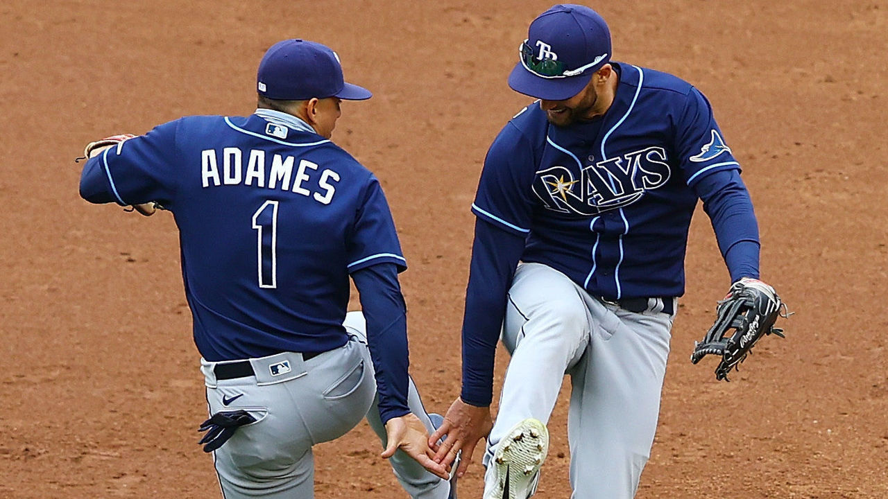 NEW YORK, NEW YORK - APRIL 18: Willy Adames #1 and Brandon Lowe #8 of the Tampa Bay Rays celebrate after defeating the New York Yankees 4-2 at Yankee Stadium on April 18, 2021 in New York City.