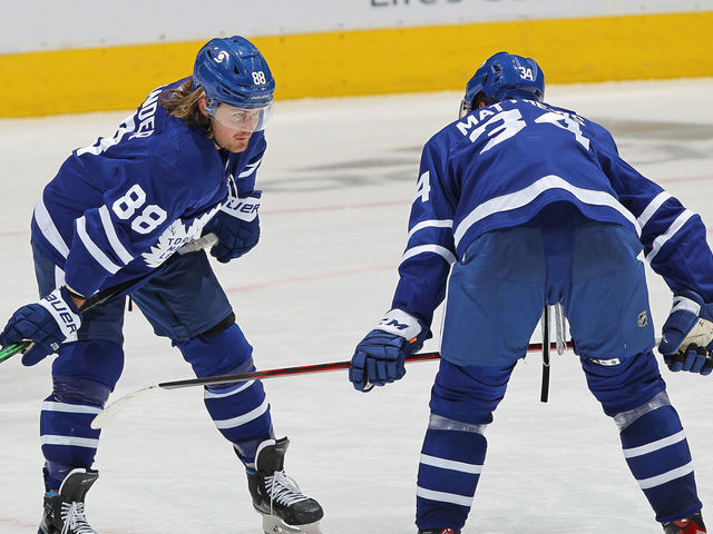 TORONTO, ON - FEBRUARY 17: William Nylander #88 and Auston Matthews #34 of the Toronto Maple Leafs chat prior to a faceoff against the Ottawa Senators during an NHL game at Scotiabank Arena on February 17, 2021 in Toronto, Ontario, Canada. The Maple Leafs defeated the Senators 2-1.
