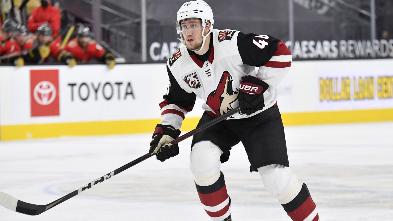 LAS VEGAS, NEVADA - APRIL 09: Ilya Lyubushkin #46 of the Arizona Coyotes skates during the second period of a game against the Vegas Golden Knights at T-Mobile Arena on April 09, 2021 in Las Vegas, Nevada.
