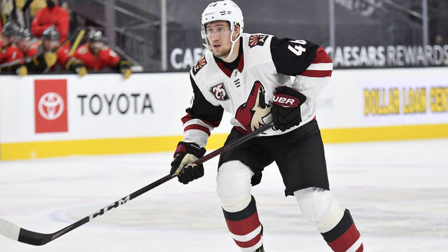 LAS VEGAS, NEVADA - APRIL 09: Ilya Lyubushkin #46 of the Arizona Coyotes skates during the second period of a game against the Vegas Golden Knights at T-Mobile Arena on April 09, 2021 in Las Vegas, Nevada.
