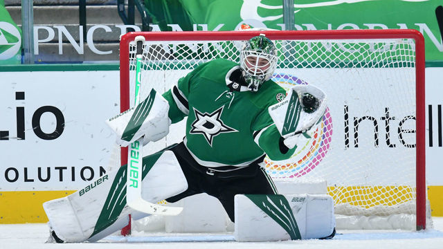 DALLAS, TX - MARCH 28: Jake Oettinger #29 of the Dallas Stars makes a save against the Florida Panthers at the American Airlines Center on March 28, 2021 in Dallas, Texas.
