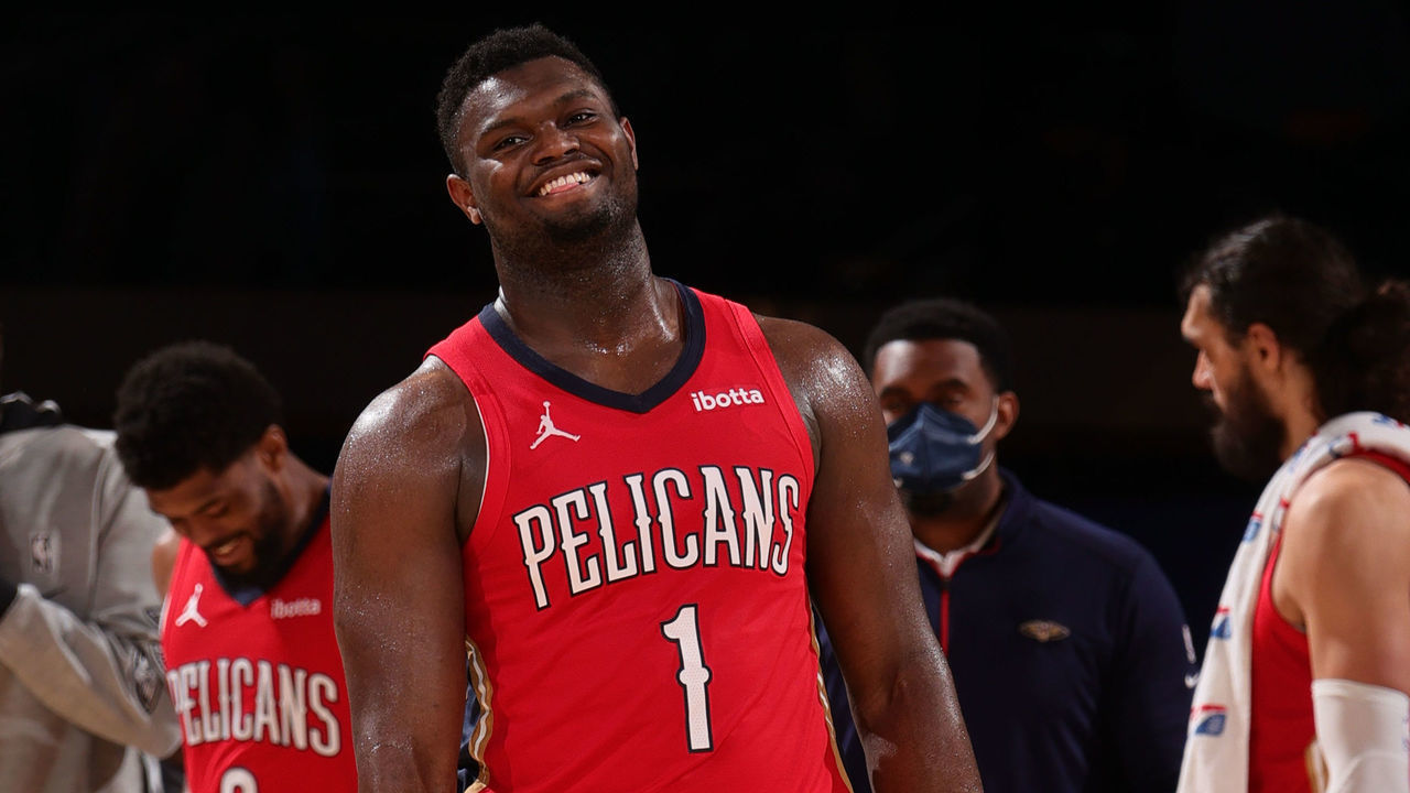 NEW YORK, NY - APRIL 18: Zion Williamson #1 of the New Orleans Pelicans smiles during the game against the New York Knicks on April 18, 2021 at Madison Square Garden in New York City, New York. Mandatory Copyright Notice: Copyright 2021 NBAE