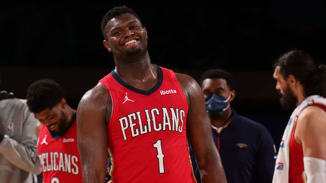NEW YORK, NY - APRIL 18: Zion Williamson #1 of the New Orleans Pelicans smiles during the game against the New York Knicks on April 18, 2021 at Madison Square Garden in New York City, New York. Mandatory Copyright Notice: Copyright 2021 NBAE