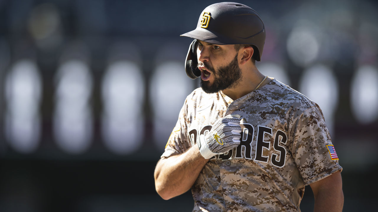 SAN DIEGO, CA - APRIL 18: Eric Hosmer #30 of the San Diego Padres celebrates after hitting the go-ahead RBI single in the eighth inning against the Los Angeles Dodgers on April 18, 2021 at Petco Park in San Diego, California.