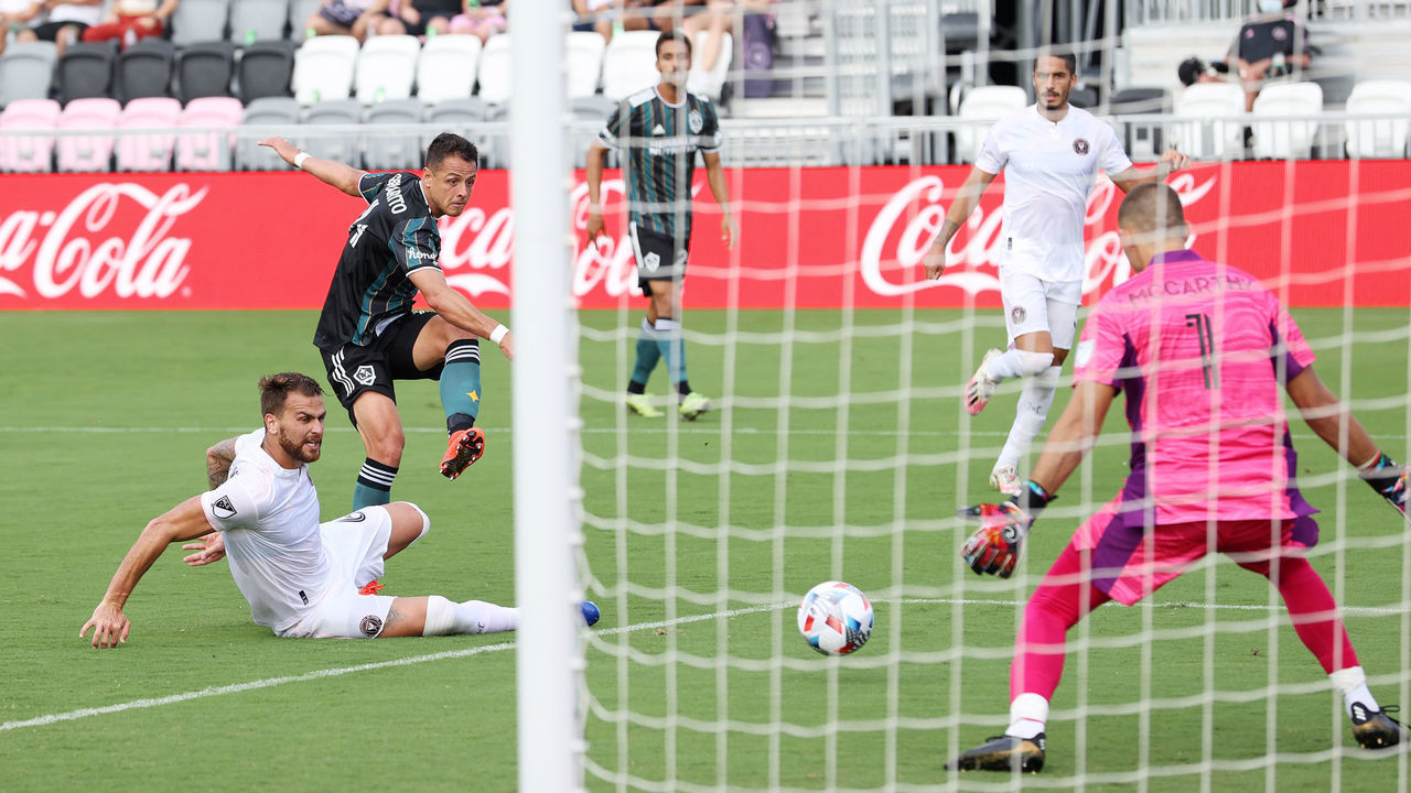 FORT LAUDERDALE, FLORIDA - APRIL 18: Javier "Chicharito" Hernandez #14 of Los Angeles Galaxy scores a goal in the second half against the Inter Miami FC at DRV PNK Stadium on April 18, 2021 in Fort Lauderdale, Florida.