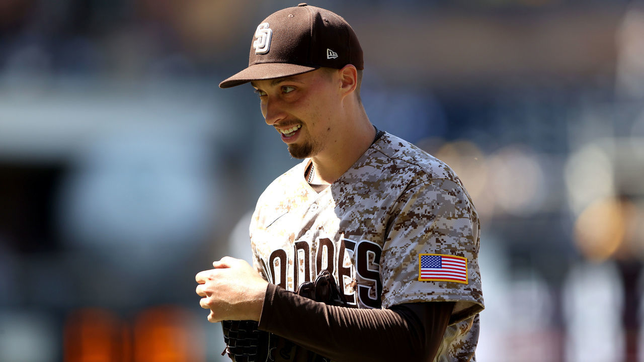 SAN DIEGO, CALIFORNIA - APRIL 18: Blake Snell #4 of the San Diego Padres pitches looks on during the second inning of a game against the Los Angeles Dodgers at PETCO Park on April 18, 2021 in San Diego, California.