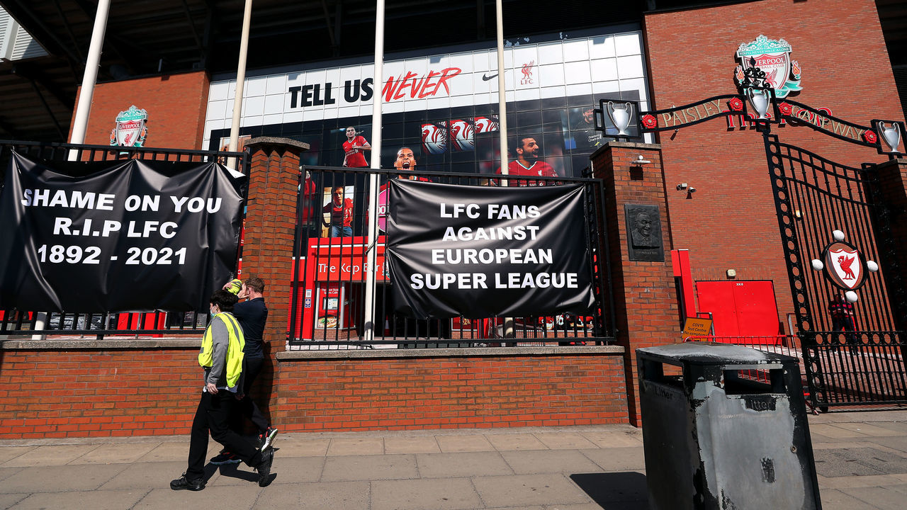 Banners are placed outside of Anfield, home of Liverpool FC to protest against its decision to be included amongst the clubs attempting to form a new European Super League. Issue date: Monday April 19, 2021.