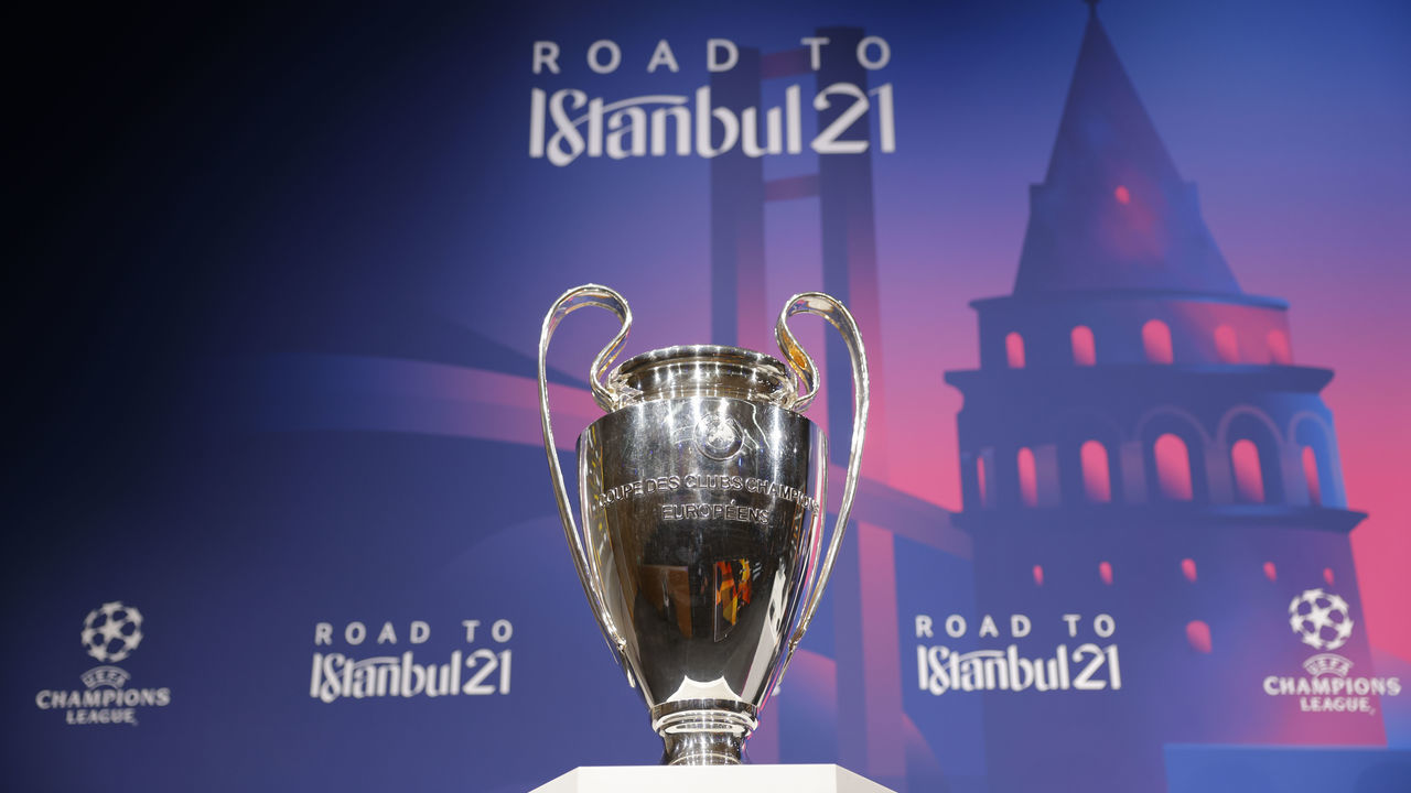 NYON, SWITZERLAND - MARCH 19: A view of the UEFA Champions League trophy ahead of the UEFA Champions League 2020/21 Quarter-finals and Semi-finals draw at the UEFA headquarters, The House of European Football on March 19, 2021 in Nyon, Switzerland.