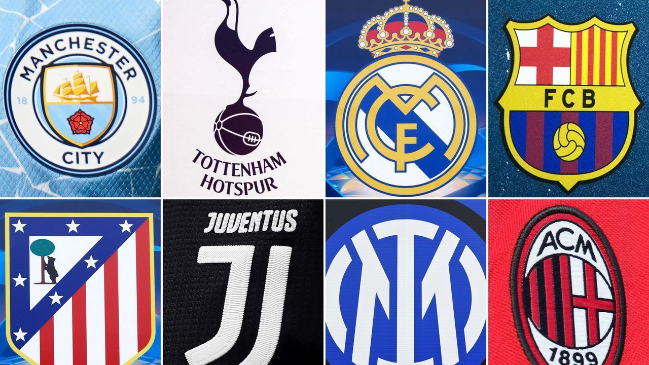 TOPSHOT - (COMBO) This combination of file pictures made on April 19, 2021, shows the logos of the following European football clubs: (top, L-R) Liverpool on May 30, 2019 in Madrid; Manchester United on July 5, 2013 in Manchester; Arsenal on March 2, 2019 in London; Chelsea on March 13, 2020 in London; (middle, L-R) Manchester City on April 10, 2021 in Manchester; Tottenham Hotspur on March 2, 2019 in London; Real Madrid on May 20, 2014 in Lisbon; Barcelona on September 28, 2016 in Moenchengladbach; (bottom, L-R) Atletico Madrid on May 20, 2014 in Lisbon; Juventus on May 26, 2019 in Genoa; Inter Milan on April 7, 2021 in Milan; and AC Milan on September 10, 2006 in Milan. - Plans for a breakaway Super League announced by twelve of European football's most powerful clubs plunged European football into an unprecedented crisis on April 19, 2021, with threats of legal action and possible bans for players, as the UEFA president called it a "spit in the face" for supporters. Six Premier League teams -- Liverpool, Manchester United, Arsenal, Chelsea, Manchester City and Tottenham Hotspur -- joined forces with Spanish giants Real Madrid, Barcelona and Atletico Madrid and Italian trio Juventus, Inter Milan and AC Milan to launch the planned competition.