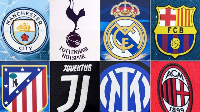 TOPSHOT - (COMBO) This combination of file pictures made on April 19, 2021, shows the logos of the following European football clubs: (top, L-R) Liverpool on May 30, 2019 in Madrid; Manchester United on July 5, 2013 in Manchester; Arsenal on March 2, 2019 in London; Chelsea on March 13, 2020 in London; (middle, L-R) Manchester City on April 10, 2021 in Manchester; Tottenham Hotspur on March 2, 2019 in London; Real Madrid on May 20, 2014 in Lisbon; Barcelona on September 28, 2016 in Moenchengladbach; (bottom, L-R) Atletico Madrid on May 20, 2014 in Lisbon; Juventus on May 26, 2019 in Genoa; Inter Milan on April 7, 2021 in Milan; and AC Milan on September 10, 2006 in Milan. - Plans for a breakaway Super League announced by twelve of European football's most powerful clubs plunged European football into an unprecedented crisis on April 19, 2021, with threats of legal action and possible bans for players, as the UEFA president called it a "spit in the face" for supporters. Six Premier League teams -- Liverpool, Manchester United, Arsenal, Chelsea, Manchester City and Tottenham Hotspur -- joined forces with Spanish giants Real Madrid, Barcelona and Atletico Madrid and Italian trio Juventus, Inter Milan and AC Milan to launch the planned competition.