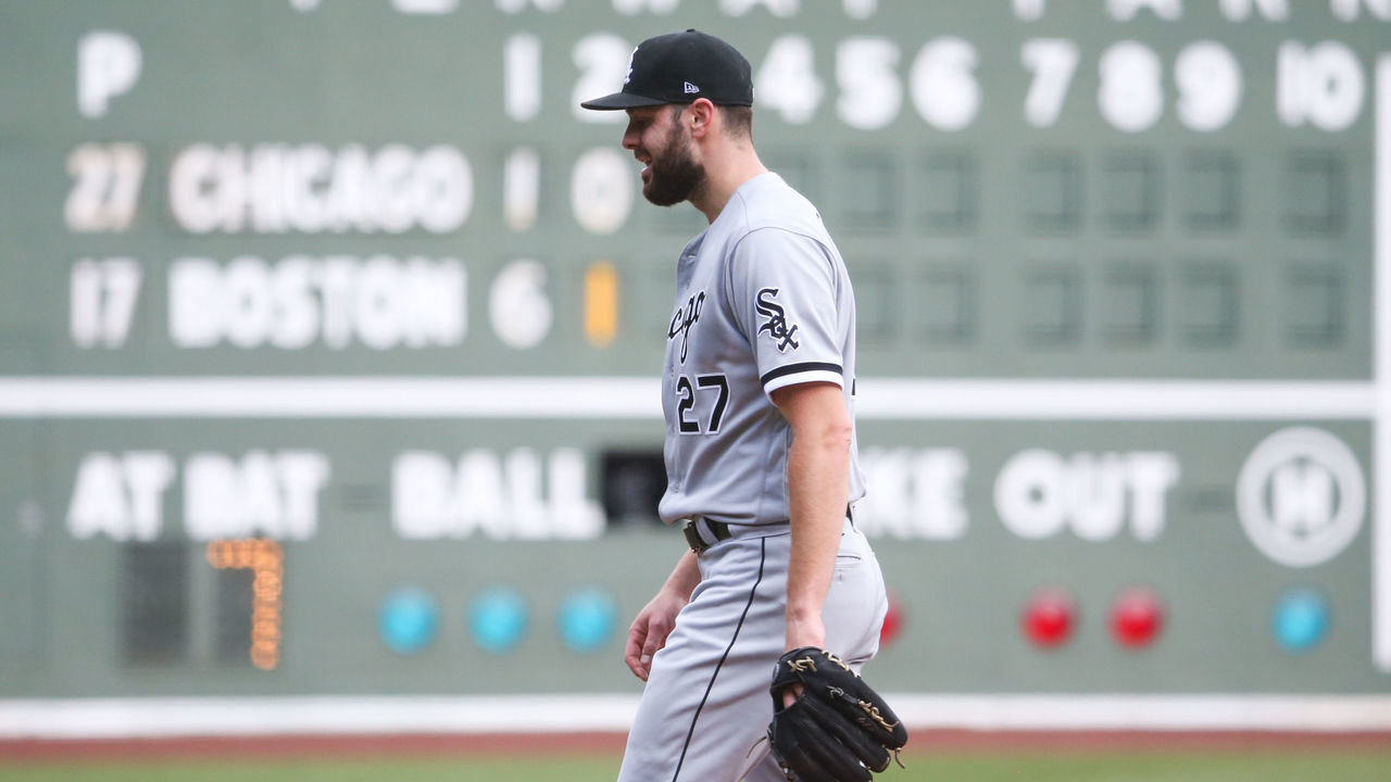 BOSTON, MA - APRIL 19: Lucas Giolito #27 of the Chicago White Sox exits the game in the second inning after allowing seven earned runs against the Boston Red Sox at Fenway Park on April 19, 2021 in Boston, Massachusetts.