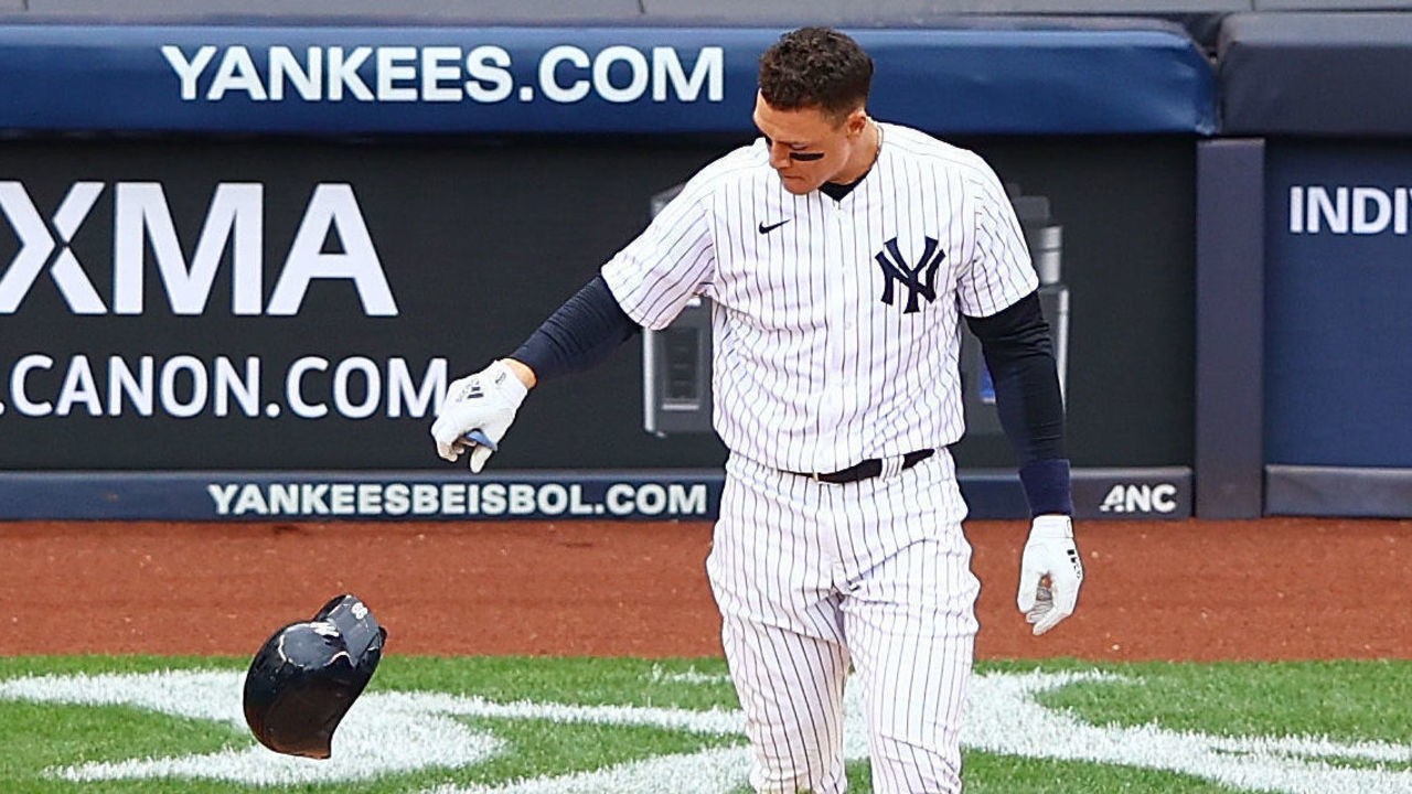 NEW YORK, NEW YORK - APRIL 18: Aaron Judge #99 of the New York Yankees reacts after striking out to end the fifth inning against the Tampa Bay Rays at Yankee Stadium on April 18, 2021 in New York City.