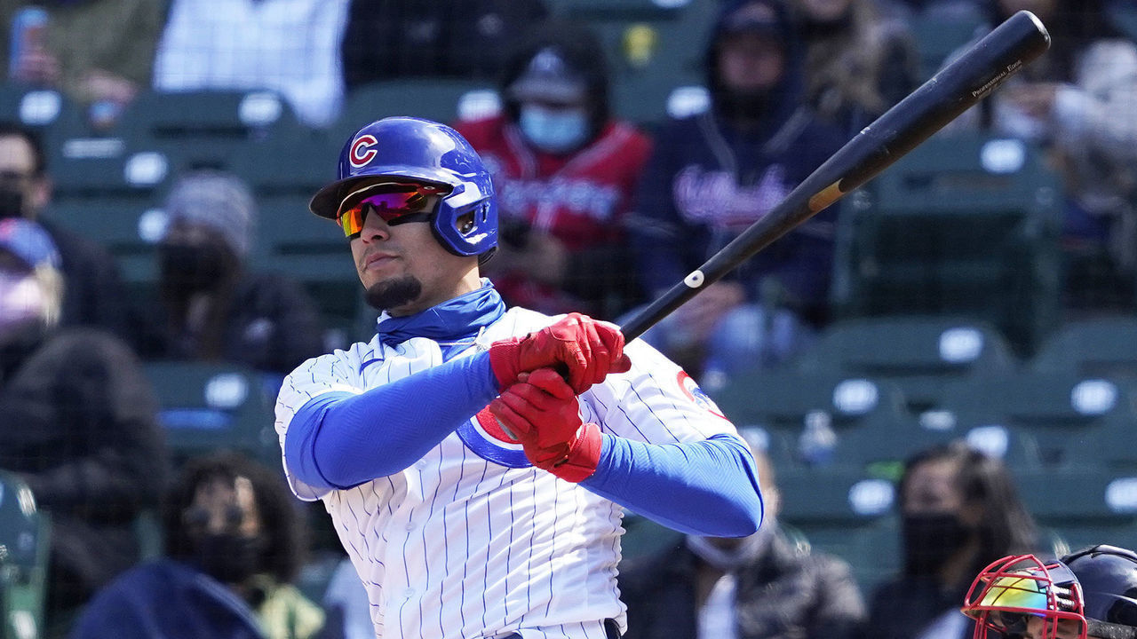 CHICAGO, ILLINOIS - APRIL 17: Javier Baez #9 of the Chicago Cubs bats against the Atlanta Braves at Wrigley Field on April 17, 2021 in Chicago, Illinois.