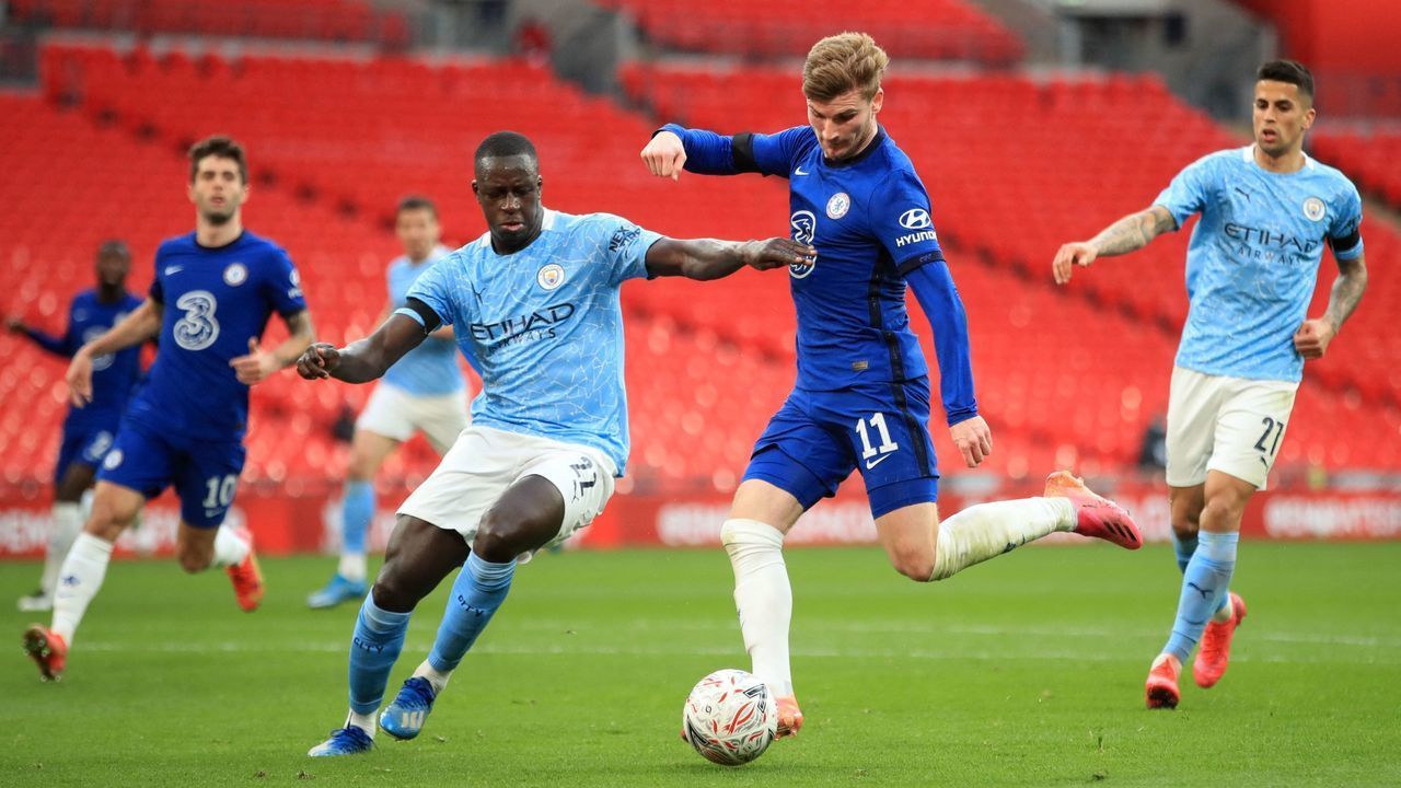 Chelsea's German striker Timo Werner (2nd R) has an unsuccessful shot during the English FA Cup semi-final football match between Chelsea and Manchester City at Wembley Stadium in north west London on April 17, 2021. - - NOT FOR MARKETING OR ADVERTISING USE / RESTRICTED TO EDITORIAL USE