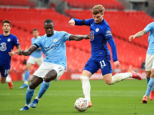 Chelsea's German striker Timo Werner (2nd R) has an unsuccessful shot during the English FA Cup semi-final football match between Chelsea and Manchester City at Wembley Stadium in north west London on April 17, 2021. - - NOT FOR MARKETING OR ADVERTISING USE / RESTRICTED TO EDITORIAL USE