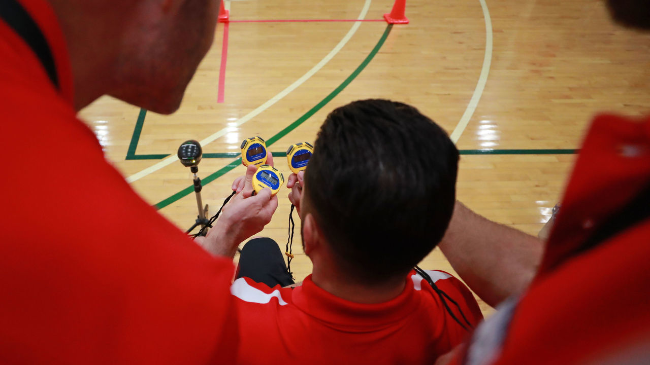 CHICAGO, IL - MAY 11: Scouts check their stopwatch times during the NBA Draft Combine at the Quest Multisport Center on May 11, 2017 in Chicago, Illinois. NOTE TO USER: User expressly acknowledges and agrees that, by downloading and/or using this Photograph, user is consenting to the terms and conditions of the Getty Images License Agreement. Mandatory Copyright Notice: Copyright 2017 NBAE
