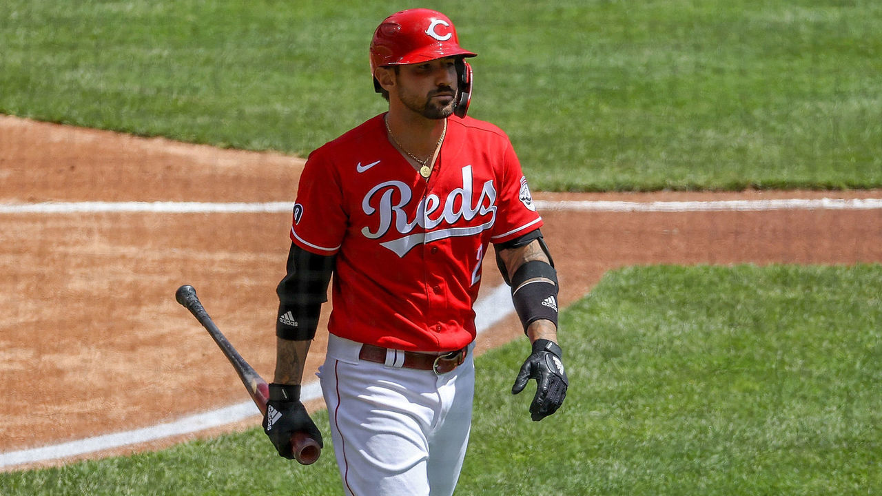 CINCINNATI, OHIO - APRIL 18: Nick Castellanos #2 of the Cincinnati Reds reacts after striking out in the first inning against the Cleveland Indians at Great American Ball Park on April 18, 2021 in Cincinnati, Ohio.