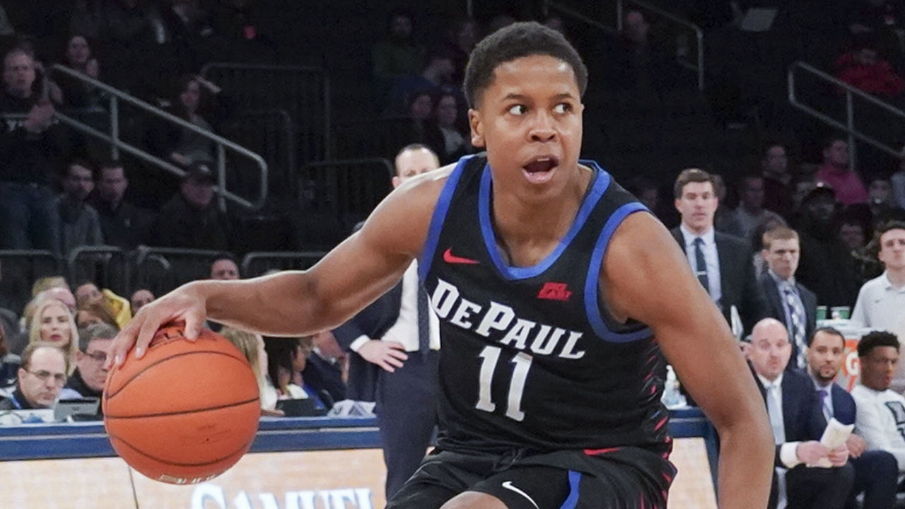 NEW YORK, NY - MARCH 11: Charlie Moore #11 of the DePaul Blue Demons dribbles the ball against the DePaul Blue Demons in a first round game during the Big East Tournament at Madison Square Garden on March 11, 2020 in New York City.