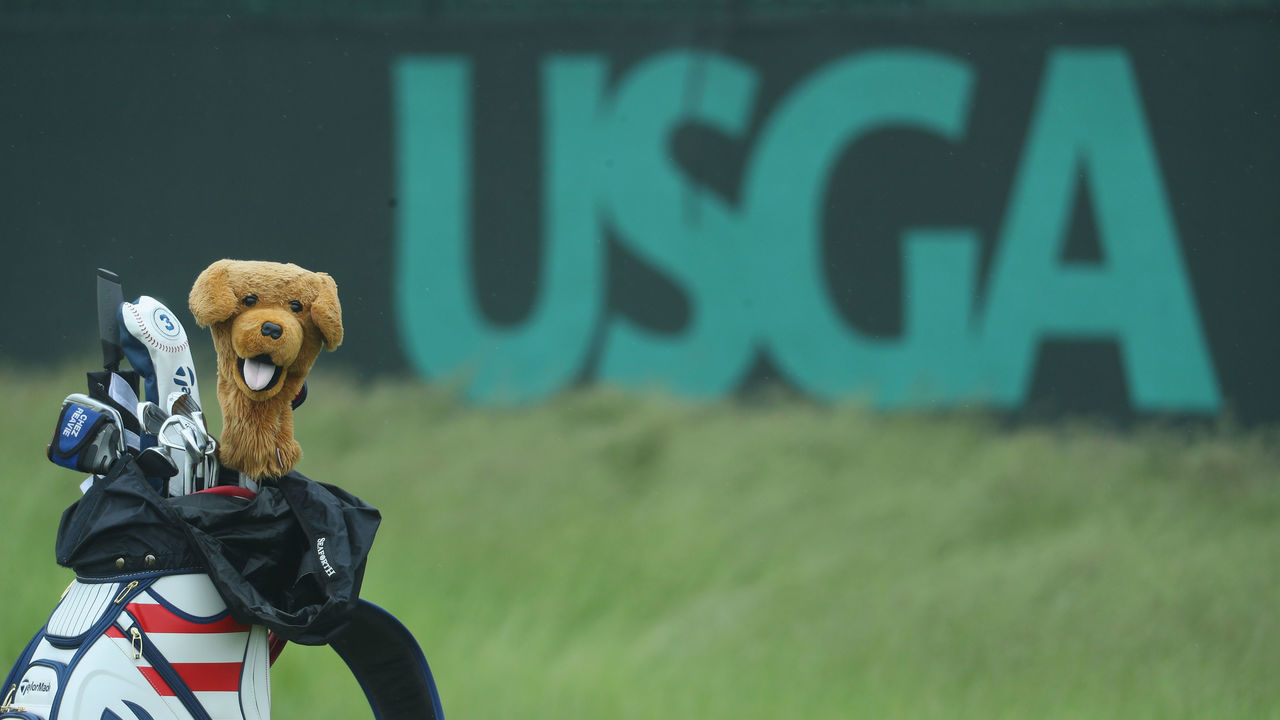 SOUTHAMPTON, NY - JUNE 13: A golf bag belonging to Chez Reavie of the United States is seen alongside a USGA logo during a practice round prior to the 2018 U.S. Open at Shinnecock Hills Golf Club on June 13, 2018 in Southampton, New York.