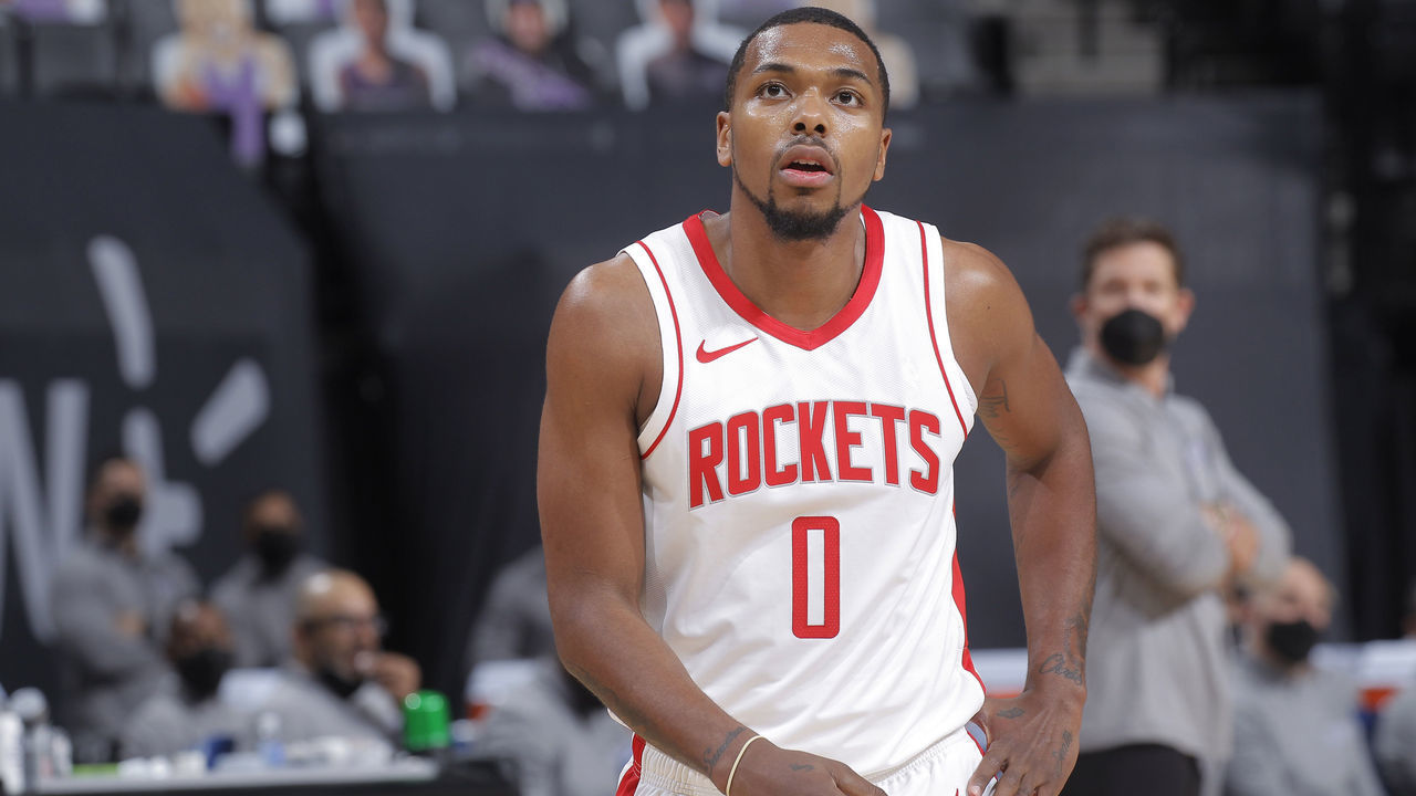 SACRAMENTO, CA - MARCH 11: Sterling Brown #0 of the Houston Rockets looks on during the game against the Sacramento Kings on March 11, 2021 at Golden 1 Center in Sacramento, California. NOTE TO USER: User expressly acknowledges and agrees that, by downloading and or using this photograph, User is consenting to the terms and conditions of the Getty Images Agreement. Mandatory Copyright Notice: Copyright 2021 NBAE