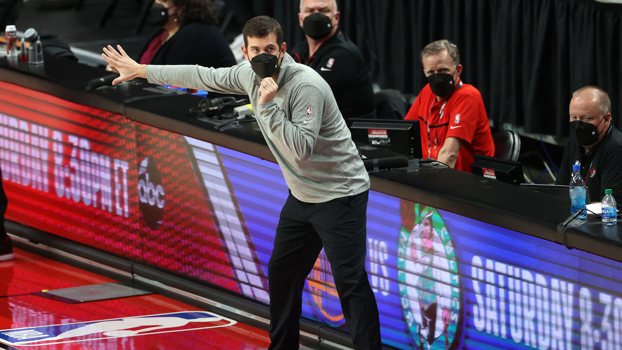 PORTLAND, OREGON - APRIL 13: Head Coach Brad Stevens of the Boston Celtics reacts in the third quarter against the Portland Trail Blazers at Moda Center on April 13, 2021 in Portland, Oregon.