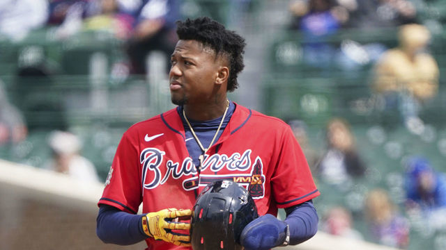 CHICAGO, ILLINOIS - APRIL 16: Ronald Acuna Jr. #13 of the Atlanta Braves plays during the fourth inning of a game against the Chicago Cubs at Wrigley Field on April 16, 2021 in Chicago, Illinois. All players are wearing the number 42 in honor of Jackie Robinson Day.