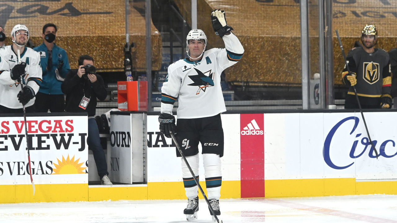 LAS VEGAS, NEVADA - APRIL 19: Patrick Marleau #12 of the San Jose Sharks is honored after breaking Gordie Howe's record for most games played after his first shift during the first period of a game against the Vegas Golden Knights at T-Mobile Arena on April 19, 2021 in Las Vegas, Nevada.