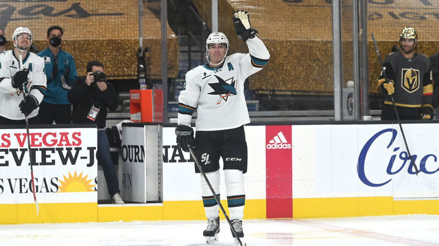 LAS VEGAS, NEVADA - APRIL 19: Patrick Marleau #12 of the San Jose Sharks is honored after breaking Gordie Howe's record for most games played after his first shift during the first period of a game against the Vegas Golden Knights at T-Mobile Arena on April 19, 2021 in Las Vegas, Nevada.