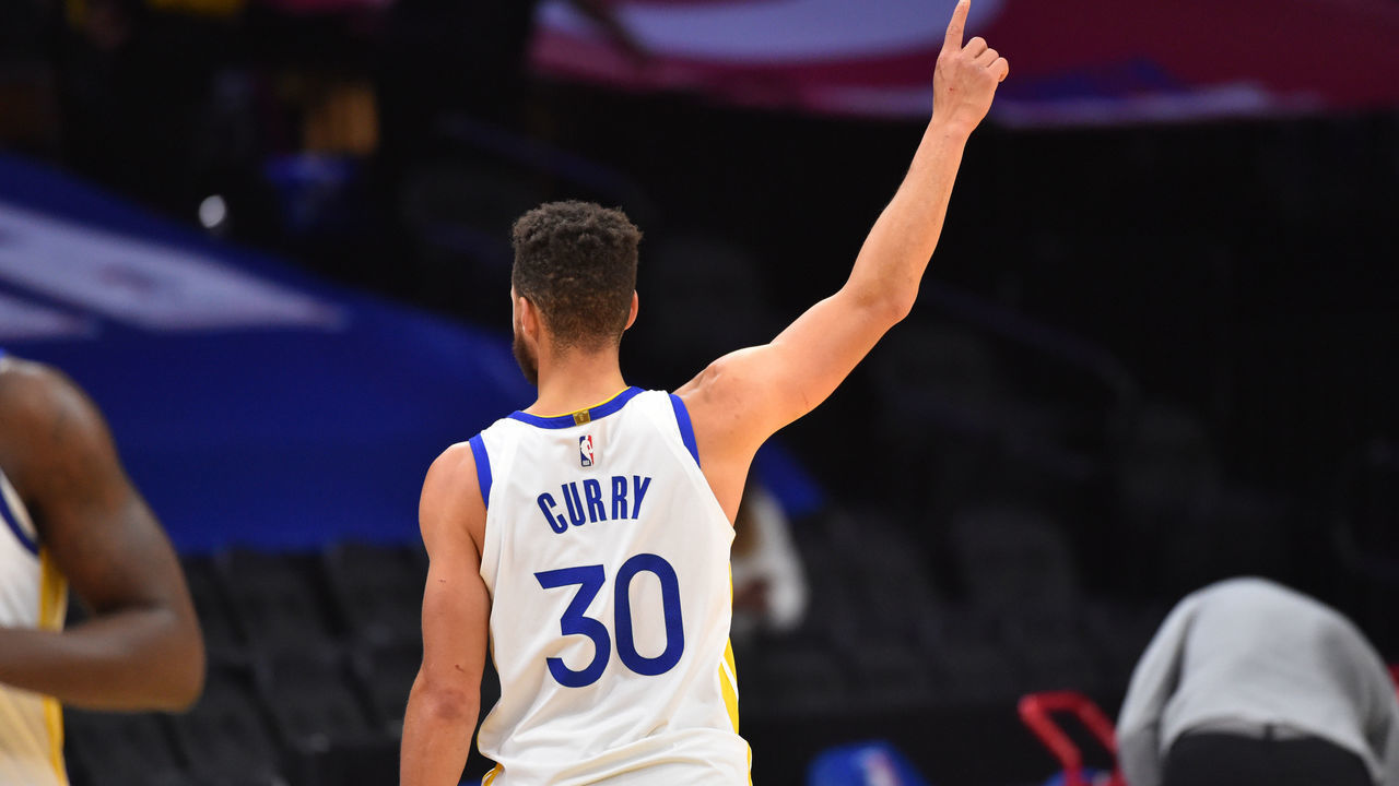 PHILADELPHIA, PA - APRIL 19: Stephen Curry #30 of the Golden State Warriors reacts after a game against the Philadelphia 76ers on April 19, 2021 at Wells Fargo Center in Philadelphia, Pennsylvania. NOTE TO USER: User expressly acknowledges and agrees that, by downloading and/or using this Photograph, user is consenting to the terms and conditions of the Getty Images License Agreement. Mandatory Copyright Notice: Copyright 2021 NBAE